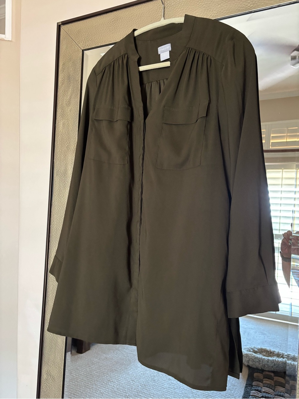 Chico's long-sleeve olive green tunic blouse 2